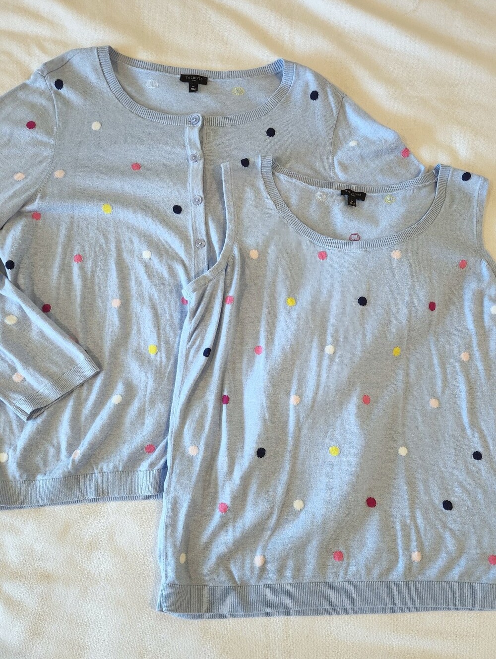 Talbots Polka Dot Sweater Twinset Size 1X Light Blue Cotton Blend